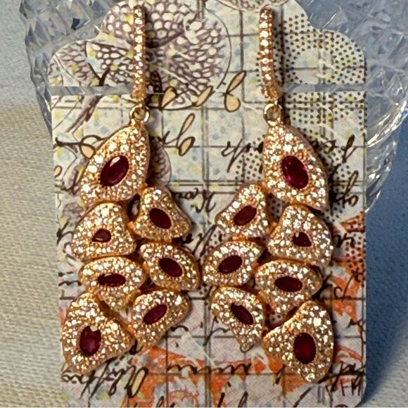 Elegant rose gold-filled sterling pave ruby Gold nugget drop earrings - Picture 5 of 5